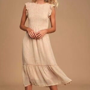 LOST + WANDER Smocked Patterned Midi Dress